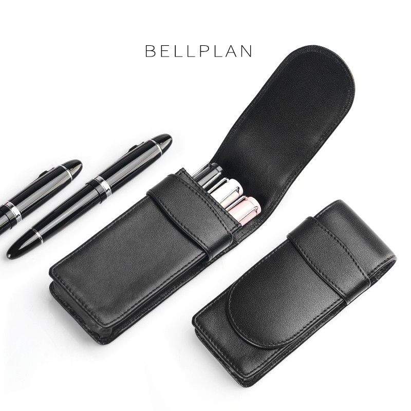 Bellplan真皮翻盖三位笔盒头层钢笔袋笔包收纳套收纳袋便携式笔套