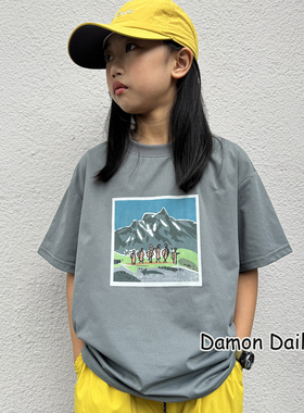 Damon25夏季新品男女儿童 灰色山脉白墨直喷透气印花短袖t恤