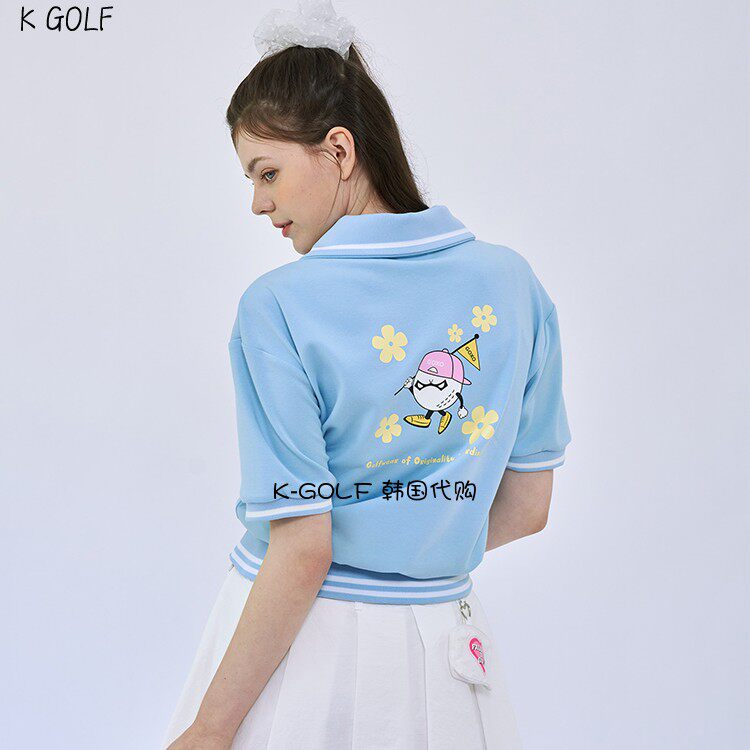 打折韩国代购GOXO高尔夫球服23年女夏季印花线条阶梯花领半套头衫