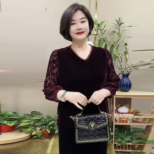 时尚年轻妈妈丝绒体恤秋季新款大码V领蕾丝袖钉珠遮肚显瘦打底衫