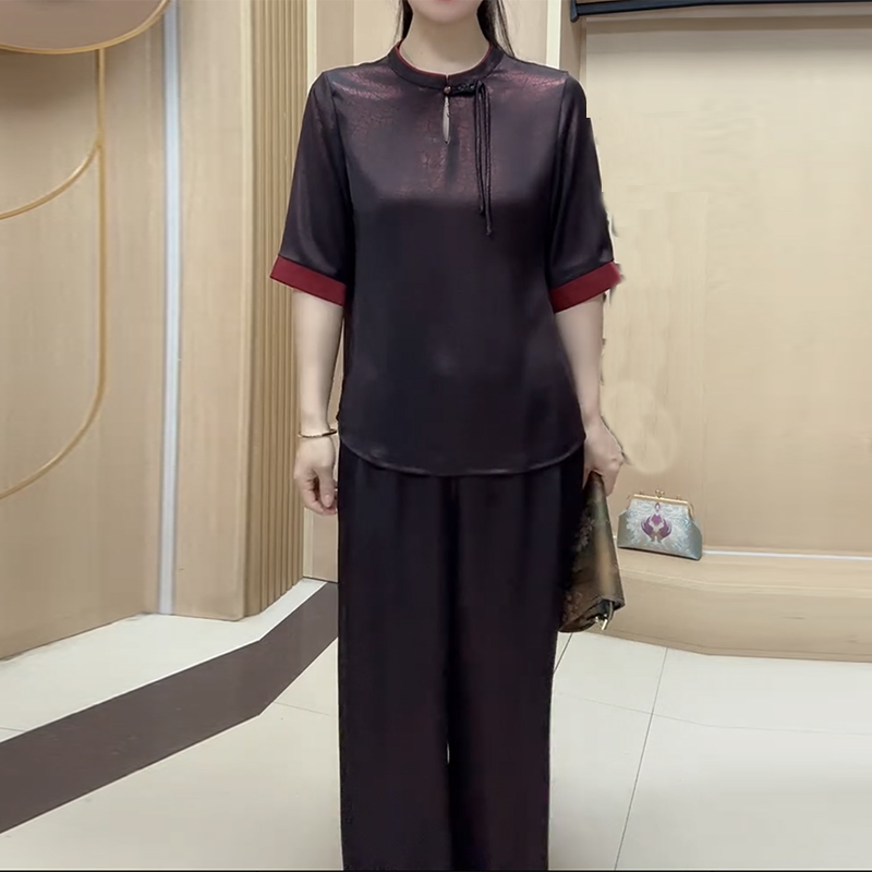 时尚妈妈真丝两件套夏季旗袍套裤