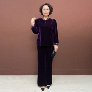 高品质真丝绒国风刺绣领上衣秋季新款纯色小衫阔腿裤大码妈妈套装