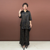 翻领大版 大码 衫 阔腿裤 女 洋气中老年妈妈真丝缎两件套夏季 套装 新款