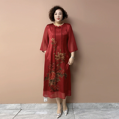 50-60岁妈妈夏季真丝长裙定位花