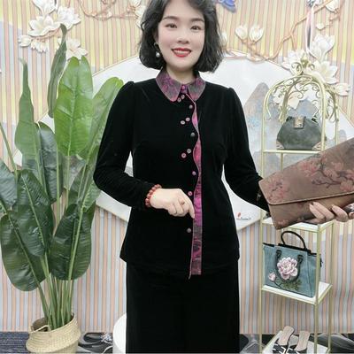 时尚中老年妈妈丝绒拼接外套秋季新款50岁时尚翻领显瘦亲肤上衣女