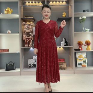 洋气妈妈网纱连衣裙早秋新款高弹力星光闪烁长袖纯色长款大摆裙女