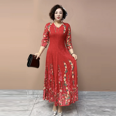 妈妈装网纱定位花长款大摆裙弹性