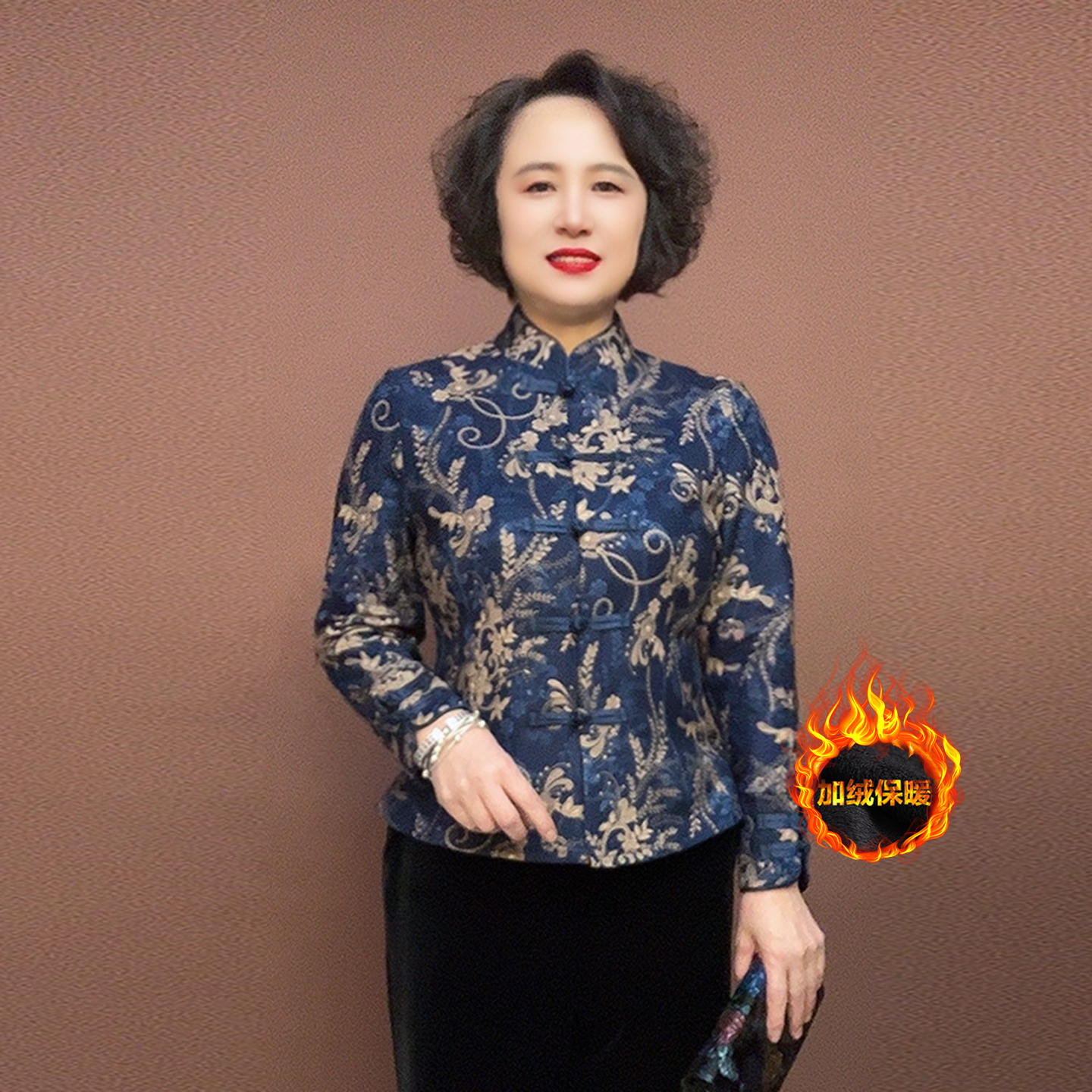 时尚妈妈秋季新款加绒旗袍外套女