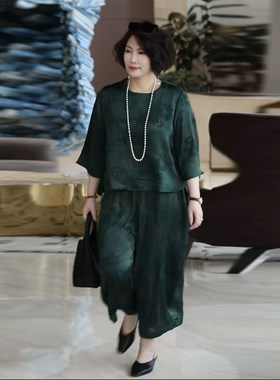 高品质妈妈复古提花缎两件套套裤