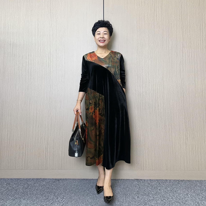 200斤胖女人连衣裙秋季新款时尚大码加肥加大拼接撞色设计长裙子
