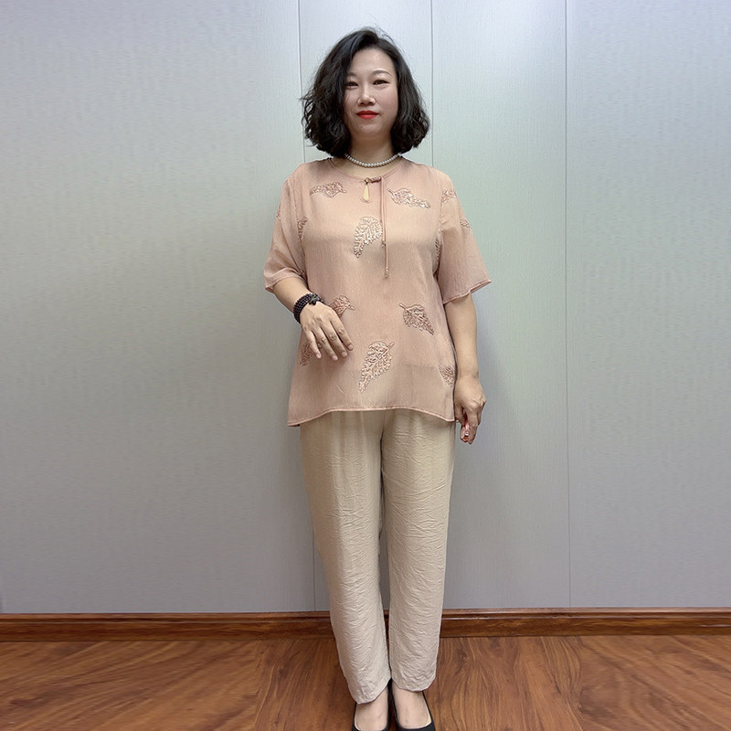 洋气妈妈夏季短袖上衣时尚大码气质中款大码遮肚体恤九分裤两件套