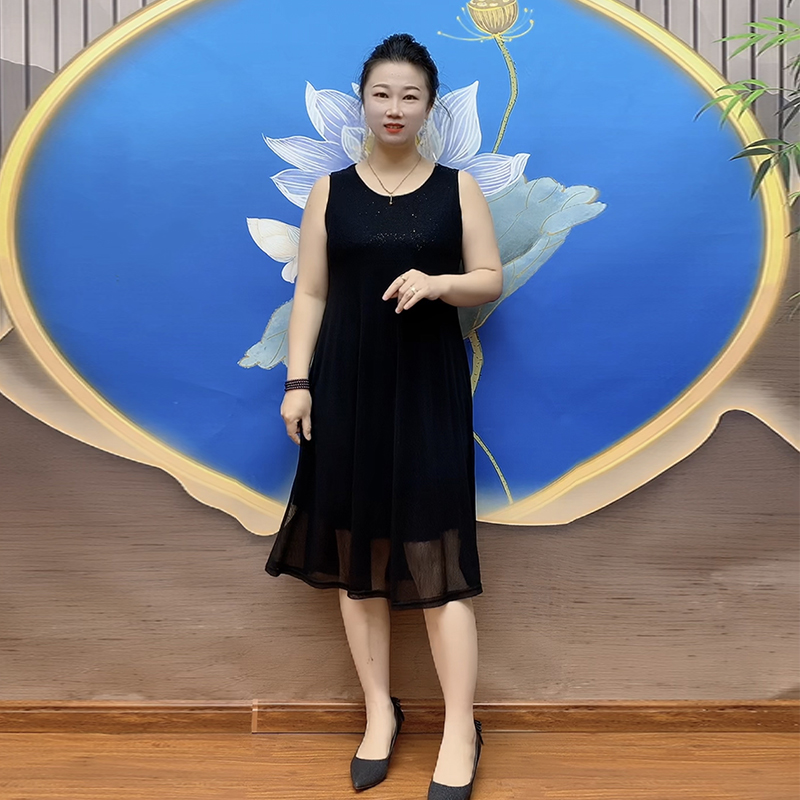 万能打底裙夏季新款无袖背心裙冰蕾丝百搭黑色网纱过膝长裙妈妈款