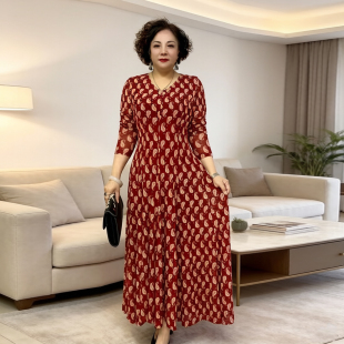 碎花大摆裙 50岁V领遮肉显瘦长款 高档台湾沙连衣裙2026春夏新款