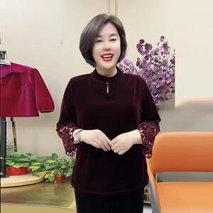 高档真丝绒体恤中老年妈妈春装新款国风立领烧花镂空袖遮肚打底衫