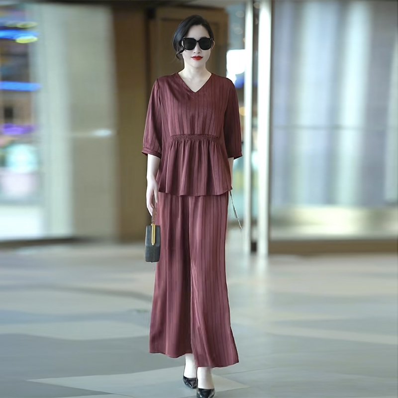 时尚妈妈条纹醋酸缎两件套夏季女