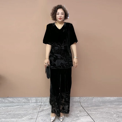时尚妈妈丝绒上衣阔腿裤早秋贵气两件套短袖体恤裤子烧花镂空套装