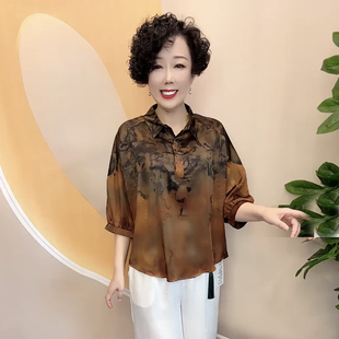 贵夫人蝙蝠袖小衫夏季中老年真丝上衣新国风暗纹提花老年人衬衫女