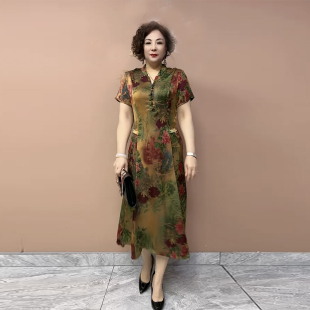 气质妈妈仿真丝连衣裙夏季新款阔太太大码V领花色长裙收腰显瘦裙
