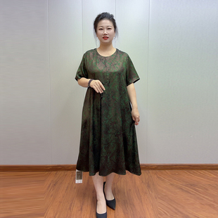 新款 加肥加大200斤寬松復古墜感長裙 真絲連衣裙夏季 高品質媽媽裝