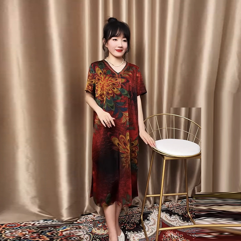 中老年妈妈真丝连衣裙夏季新款短袖凤尾花前后定位花大码显瘦长裙