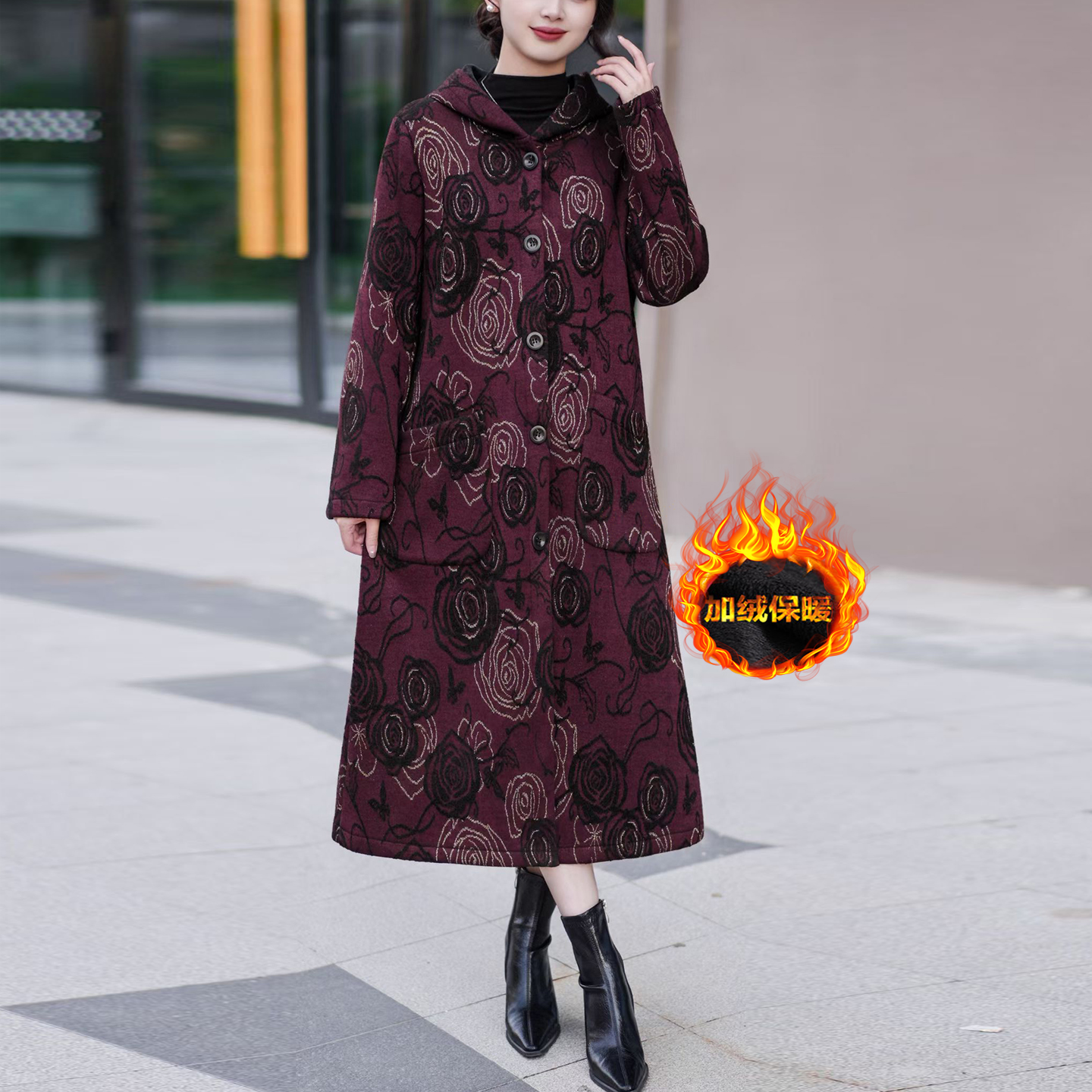 洋气妈妈连帽加绒外套长款花大衣