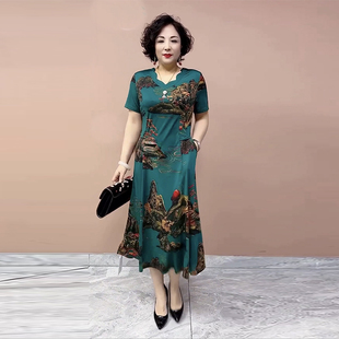 连衣裙女夏季新款中老年妈妈冰丝棉高弹显瘦长裙网红同款旗袍裙子
