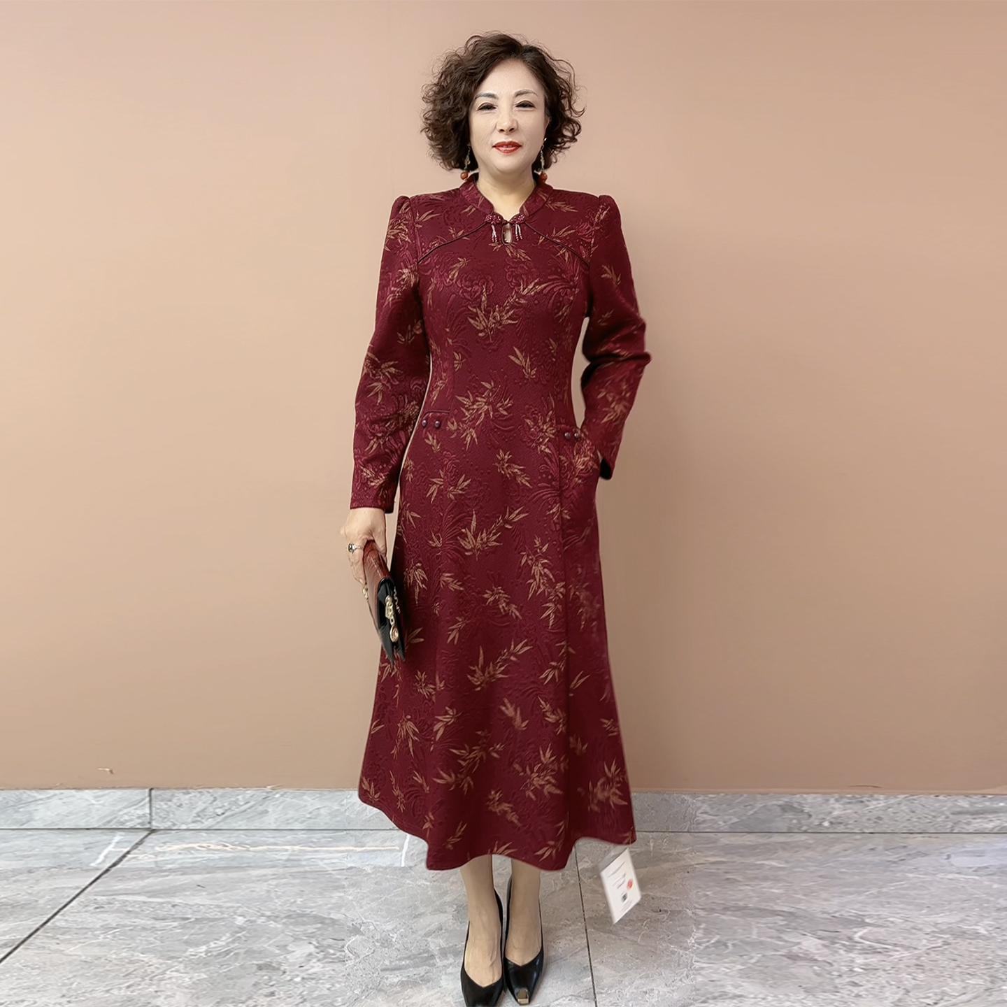 中式领国风提花连衣裙秋冬长裙女