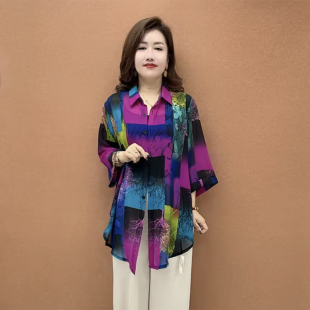 洋气妈妈雪纺衬衫夏季新款宽松大码中长款中袖碎花开衫防晒上衣女