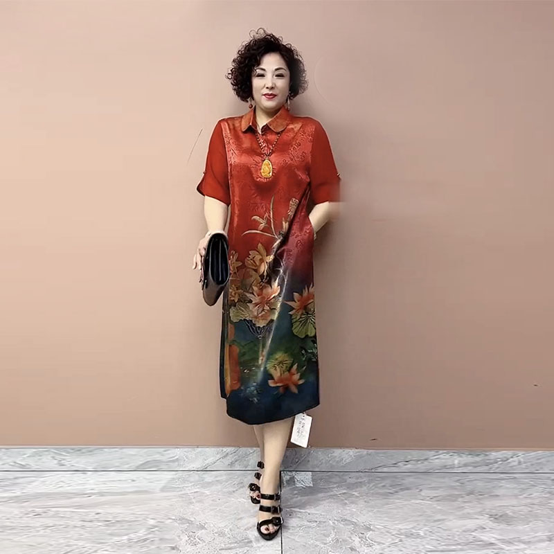 气质妈妈真丝连衣裙夏季新款翻领桑蚕丝网红款定位荷花遮肉长裙女