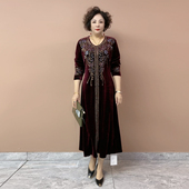 遮肚显瘦过膝长款 重工烫钻丝绒连衣裙秋冬新款 中老年妈妈大码 裙子
