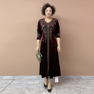 重工烫钻丝绒连衣裙秋冬新款中老年妈妈大码遮肚显瘦过膝长款裙子