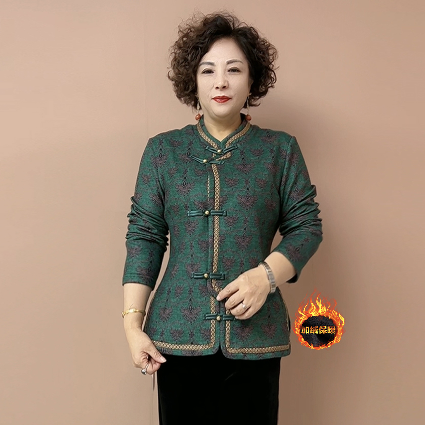 50-60岁国风妈妈加绒外套两件套