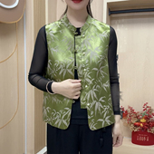复古妈妈真丝缎马甲春季 坎肩女 优雅背心唐装 新款 国风立领印花大码