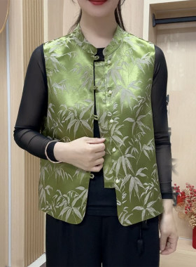国风妈妈缎面碎花坎肩秋季马甲女