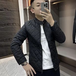 秋冬新款薄棉外套棉服男修身时尚菱形夹克百搭立领精神小伙棉衣潮