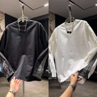 秋冬新款潮牌圆领卫衣男重磅时尚拼接袖高级感百搭长袖T恤打底衫