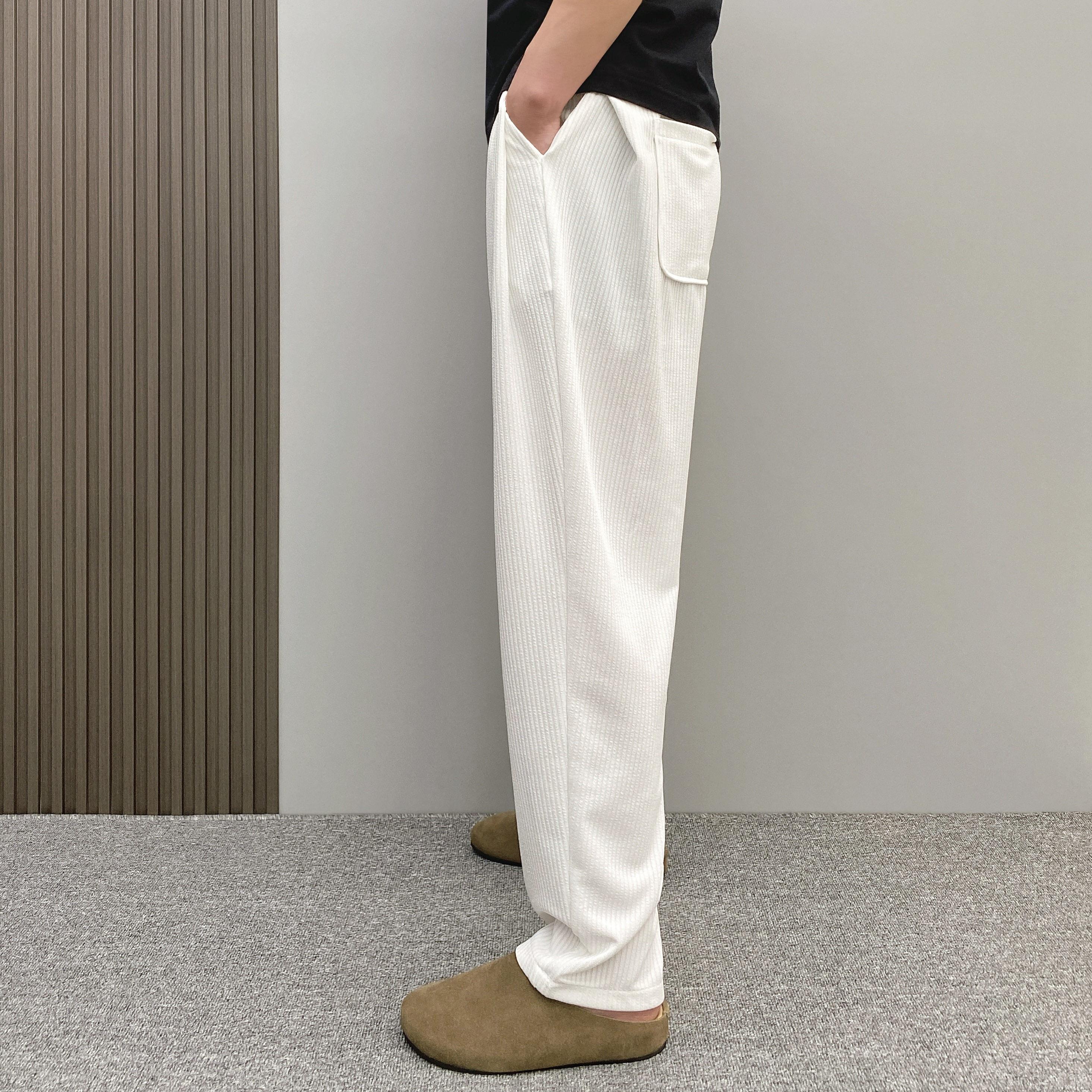 夏季冰丝褶皱裤老钱风条纹休闲裤男薄款垂感宽松裤子纯色净版西裤