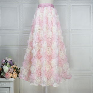 唯芝采2025春夏新款 重工立体花朵刺绣半身裙高腰百搭中长网纱裙子