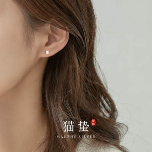 猫蛰S999足银磨砂拉丝耳钉极简约小巧纯银女生耳饰品圆球爱心方形