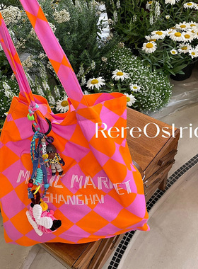【RereOstrich 】 夏日限定粉橙！菱格时髦Magic Market纯棉布袋