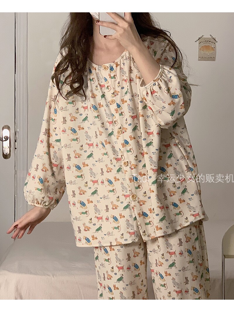 韩系博主风宽松布料纯棉家居服睡衣冬季女款2024新款ins可爱套装