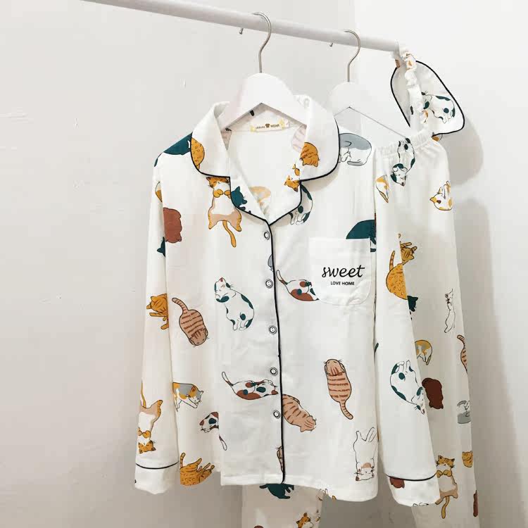 3ins日系卡通猫咪可爱纯棉长裤学生睡衣套装女韩版休闲少女家居服