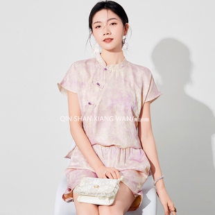 【紫语嫣】双色提花人丝香云纱短袖上衣国风新中式短裤时尚套装女