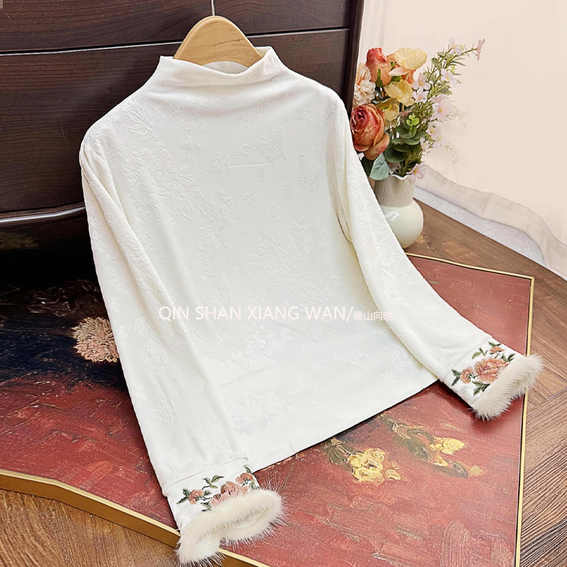 【牡丹】国风新中式秋冬内搭打底百搭上衣针织弹力刺绣真水貂毛女