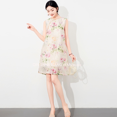 【夏花】无袖背心连衣裙立体提花透气舒适钉珠宽松显瘦国风新中式
