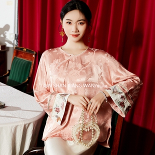 【芊朵】春装新款国风新中式天丝提花上衣气质衬衫刺绣宽松遮肉女