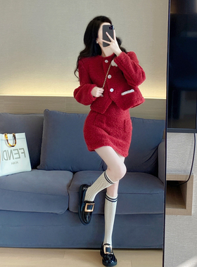 红色套装新年女冬2022春秋新款气质甜美洋气羊羔毛氛围感两件套裙