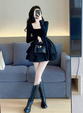 黑色连衣裙女2024年春秋装新款气质收腰显瘦甜美a字蛋糕裙蓬蓬裙