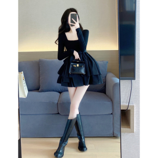 黑色连衣裙女2024年春秋装 气质收腰显瘦甜美a字蛋糕裙蓬蓬裙 新款