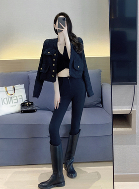 黑色小香风外套女春秋款2022新款气质名媛小众设计感粗花呢高级感